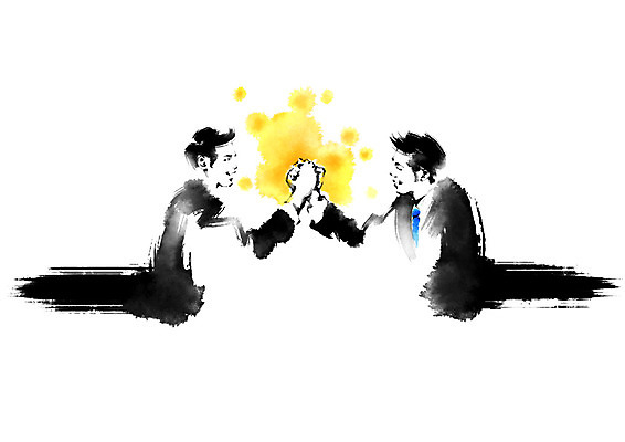 PSD 남자 일러스트 캘리그라피 붓터치 협력 상반신 성인 두명 마주보기 손잡기 비즈니스맨 국내일러스트 비즈니스 모션 사람 직장인 파일형식