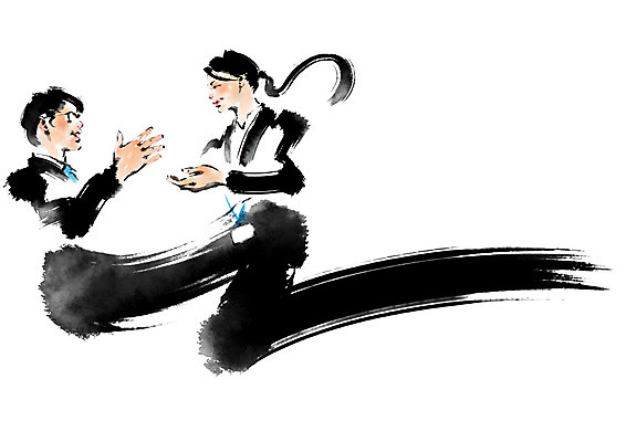 PSD 여자 남자 일러스트 캘리그라피 회의 붓터치 대화 상반신 성인 두명 마주보기 비즈니스맨 비즈니스우먼 국내일러스트 비즈니스 모션 말하기 사람 직장인 파일형식