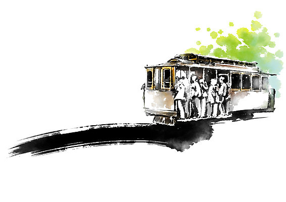 PSD 건축물 일러스트 캘리그라피 붓터치 여러명 기차 전차 승객 국내일러스트 건축 육상교통 다수 대중교통 사람 파일형식