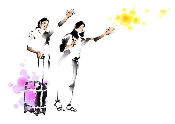 전신 PSD 여자 여행 일러스트 캘리그라피 서기 성인 두명 캐리어 손인사 국내일러스트 모션 사람 여행가방 인사 파일형식