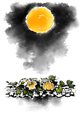 PSD 한국전통 명절 일러스트 캘리그라피 호박 사람없음 담장 보름달 달 가을 기와담장 국내일러스트 자연요소 전통 계절 기념일 채소 한국 기와 파일형식