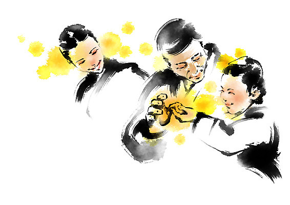 PSD 한국전통 여자 명절 남자 딸 어린이 일러스트 캘리그라피 가족 엄마 웃음 상반신 성인 세명 아빠 한복 국내일러스트 전통 기념일 관계 한국 표정 사람 전통의상 파일형식