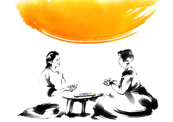 PSD 한국전통 여자 명절 일러스트 캘리그라피 가족 웃음 앉기 성인 두명 마주보기 보름달 한복 며느리 송편 시어머니 송편빚기 고부지간 국내일러스트 전통 기념일 관계 모션 떡 한국 표정 사람 추석 달 전통의상 요리중 파일형식 시부모님