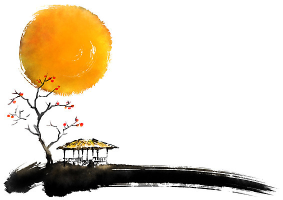 PSD 한국전통 명절 일러스트 캘리그라피 붓터치 사람없음 보름달 달 가을 감나무 원두막 국내일러스트 자연요소 나무 전통 계절 기념일 한국 감 파일형식