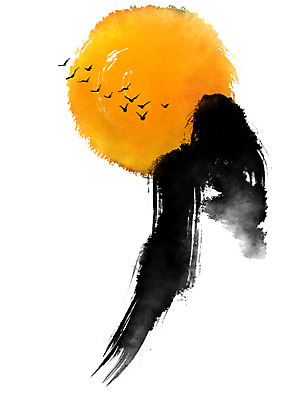 PSD 한국전통 일러스트 캘리그라피 조류 붓터치 산 사람없음 절벽 보름달 달 국내일러스트 자연요소 동물 전통 한국 파일형식