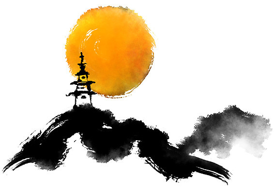 PSD 한국전통 건축물 일러스트 캘리그라피 붓터치 산 사람없음 탑 보름달 달 국내일러스트 자연요소 전통 건축 한국 파일형식