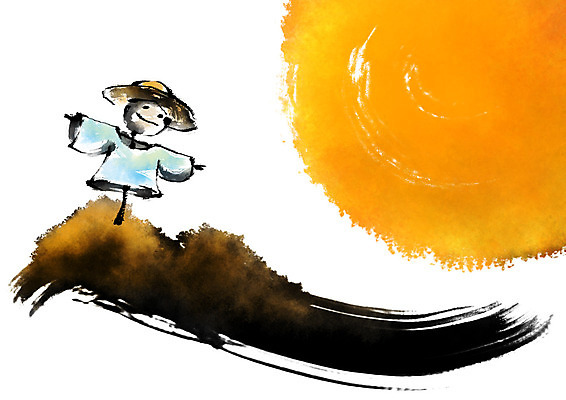 PSD 한국전통 일러스트 캘리그라피 붓터치 논 사람없음 보름달 달 가을 시골 밀짚모자 허수아비 국내일러스트 자연요소 모자_잡화 전통 계절 농업 한국 파일형식