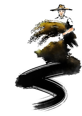 PSD 남자 일러스트 캘리그라피 붓터치 한명 성인 농사 수확 벼 농부 밀짚모자 벼농사 벼베기 국내일러스트 직업 모자_잡화 1 농업 곡류 사람 파일형식