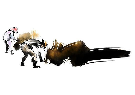 PSD 남자 일러스트 캘리그라피 붓터치 성인 두명 농사 수확 벼 농부 벼농사 낫 벼베기 국내일러스트 직업 농업 곡류 사람 파일형식