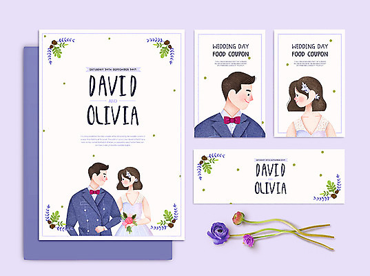 PSD 커플 여자 남자 꽃 신부 신랑 결혼 일러스트 여러명 성인 보라색 가을 청첩장 셀프웨딩 국내일러스트 식물 계절 컬러 다수 관계 카드_감사 사람 이벤트 파일형식 웨딩촬영