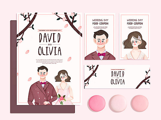 PSD 커플 여자 남자 신부 분홍색 신랑 결혼 일러스트 여러명 상반신 성인 벚꽃 가을 청첩장 마카롱 셀프웨딩 국내일러스트 계절 꽃 컬러 다수 관계 디저트 카드_감사 사람 이벤트 파일형식 웨딩촬영