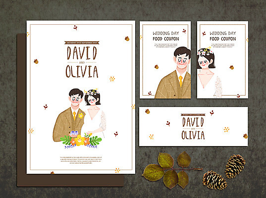 PSD 커플 여자 남자 꽃 신부 신랑 결혼 일러스트 나뭇잎 여러명 상반신 성인 가을 청첩장 솔방울 셀프웨딩 국내일러스트 식물 계절 다수 잎 관계 카드_감사 사람 이벤트 파일형식 웨딩촬영