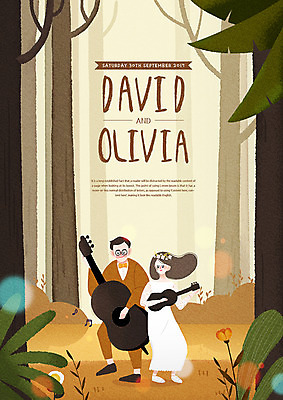 전신 PSD 나무 커플 여자 남자 꽃 신부 음악 신랑 결혼 연주 일러스트 성인 두명 가을 기타 숲 콘트라베이스 셀프웨딩 국내일러스트 식물 계절 관계 현악기 문화예술 사람 이벤트 파일형식 웨딩촬영