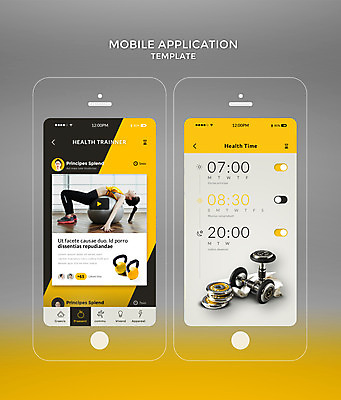 PSD 템플릿 여자 웹템플릿 디자인시안 모바일 건강 한명 20대 성인 스마트폰 세트 운동 홈페이지 노란색 아령 한국인 알람 짐볼 어플리케이션 모바일템플릿 성인여자한명만 모바일앱 이미지템플릿 1 컬러 사람 동양인 청년 핸드폰 스마트기기 여자한명만 성인여자만 파일형식