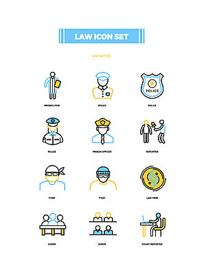 아이콘 여러명 세트 기자 경찰 범죄인 도둑 검사_법률가 법 교도관 배심원 법정 2D아이콘 AI파일 직업 다수 사람 범죄 파일형식 벡터