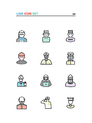 아이콘 여러명 세트 경찰 범죄인 도둑 판사 법 경호원 변호사 해커 죄수 2D아이콘 AI파일 직업 다수 사람 범죄 법률가 파일형식 벡터
