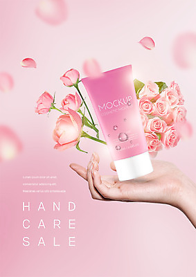 PSD 편집 편집이미지 손 꽃잎 꽃 한손 한명 신체부위 뷰티 장미 화장품 스킨케어 핸드크림 이미지편집 식물 1 사람 파일형식