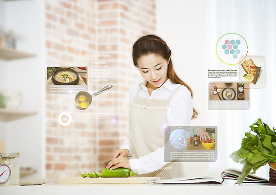 PSD 편집 편집이미지 접시 여자 음식 식재료 호박 도마 저울 한명 상반신 20대 성인 계란 앞치마 한국인 스마트 뚝배기 생선구이 레시피 식칼 칼질 요리책 터치스크린 홀로그램 성인여자한명만 4차산업 이미지편집 1 식기 산업 컨셉 채소 모션 주방용품 사람 동양인 청년 책 알 구이 생선요리 여자한명만 성인여자만 파일형식
