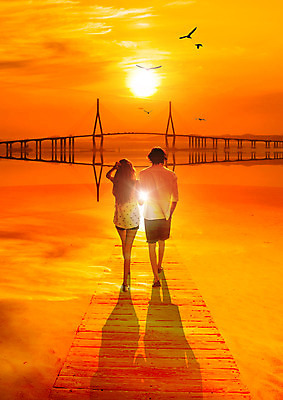 전신 PSD 구름 편집 편집이미지 커플 여자 남자 여행 갈매기 하늘 그림자 서기 성인 두명 뒷모습 30대 노을 가교 성인만 이미지편집 자연요소 건축물 뷰포인트 관계 모션 조류 사람 장년 파일형식