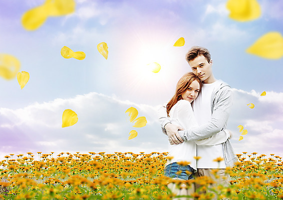 PSD 서양인 구름 편집 편집이미지 커플 여자 남자 꽃잎 여행 꽃밭 포옹 하늘 상반신 20대 성인 두명 햇빛 성인만 이미지편집 자연요소 외국인 꽃 관계 안기 사람 청년 태양 파일형식