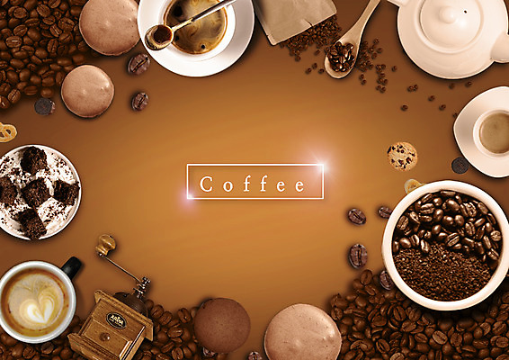 PSD 편집 편집이미지 커피 사람없음 원두 커피잔 티스푼 찻주전자 그라인더 마카롱 카페라떼 핸드밀 플랫레이 이미지편집 음료 주전자 디저트 잔 숟가락 플랫 라떼 커피용품 파일형식