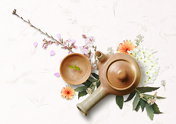 PSD 편집 편집이미지 꽃 나뭇잎 사람없음 나뭇가지 차 전통차 찻잔 다기 찻주전자 플랫레이 이미지편집 나무 식물 음료 잎 주전자 잔 차_음료 플랫 다도 파일형식