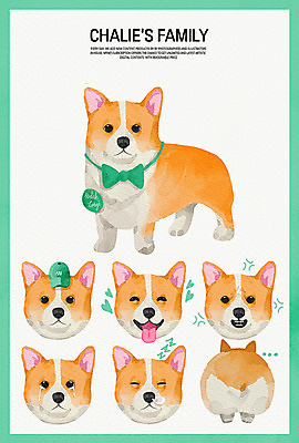 PSD 모자 일러스트 가족 나비넥타이 수채화 표정 웃음 사람없음 반려동물 다양 슬픔 분노 잠 강아지 졸음 엉덩이 반려 웰시코기 국내일러스트 동물 잡화 감정 다수 관계 넥타이 신체부위 개 파일형식