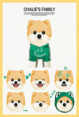 PSD 일러스트 가족 수채화 표정 웃음 사람없음 반려동물 기쁨 다양 슬픔 분노 잠 강아지 졸음 후드티셔츠 반려 포메라니안 국내일러스트 동물 감정 다수 티셔츠 관계 개 파일형식