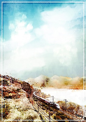 PSD 여행 일러스트 하늘 수채화 풍경 사람없음 강 기찻길 기차 가을 숲 감성 국내일러스트 계절 육상교통 컨셉 대중교통 파일형식