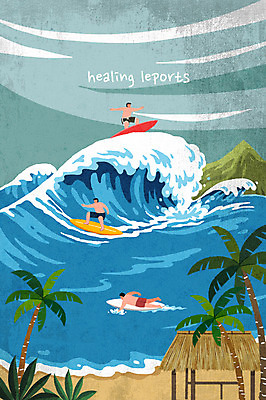 전신 PSD 남자 스포츠 파도 바다 일러스트 성인 취미 세명 여름 레포츠 야자수 수상스포츠 서핑 힐링 여름스포츠 국내일러스트 나무 계절 레저 사람 파일형식 여름_계절