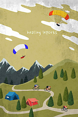 PSD 나무 남자 길 스포츠 일러스트 하늘 산 텐트 사람 여러명 취미 여름 레포츠 자전거 캠핑 힐링 패러글라이딩 여름스포츠 사이클링 국내일러스트 식물 계절 다수 레저 캠핑도구 바이크 육상스포츠 파일형식 여름_계절