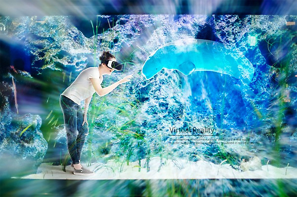 전신 PSD 편집이미지 여자 상상 한명 서기 20대 성인 옆모습 한국인 해조류 디지털합성 합성 수족관 아쿠아리움 가상현실 성인여자한명만 오큘러스 VR기기 이미지편집 1 뷰포인트 모션 사람 동양인 청년 기계 해양식물 여자한명만 성인여자만 파일형식