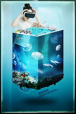 PSD 편집이미지 여자 상상 한명 상반신 20대 성인 앞모습 한국인 디지털합성 합성 수족관 아쿠아리움 가상현실 성인여자한명만 오큘러스 VR기기 이미지편집 1 뷰포인트 사람 동양인 청년 기계 여자한명만 성인여자만 파일형식