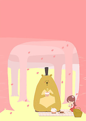 전신 PSD 동물 한마리 계절 여자 일러스트 곰 한명 성인 소풍 봄 차 돗자리 꽃놀이 국내일러스트 1 음료 포유류 사람 야외활동 축제 파일형식