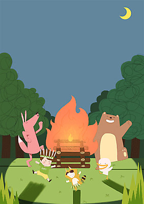 전신 PSD 나무 동물 남자 어린이 일러스트 곰 오리 한명 춤 야간 숲 모닥불 너구리 늑대 국내일러스트 자연요소 식물 1 포유류 조류 불 문화예술 사람 파일형식