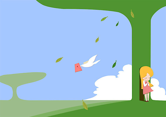 전신 PSD 나무 동물 한마리 여자 어린이 일러스트 한명 러브레터 편지 비둘기 국내일러스트 식물 1 조류 사람 파일형식