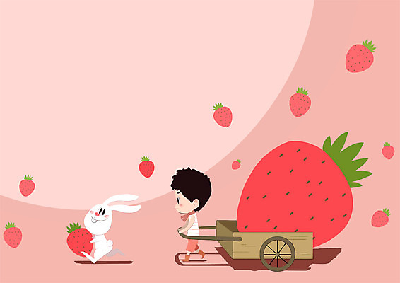 전신 PSD 동물 한마리 남자 어린이 일러스트 딸기 한명 수레 토끼 운반 국내일러스트 1 과일 포유류 사람 반려동물 카트 파일형식