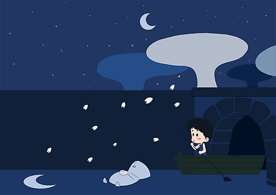 PSD 동물 남자 어린이 일러스트 한명 상반신 강 반사 벚꽃 야간 초승달 나룻배 해달 국내일러스트 자연요소 1 꽃 배_교통 포유류 사람 달 파일형식