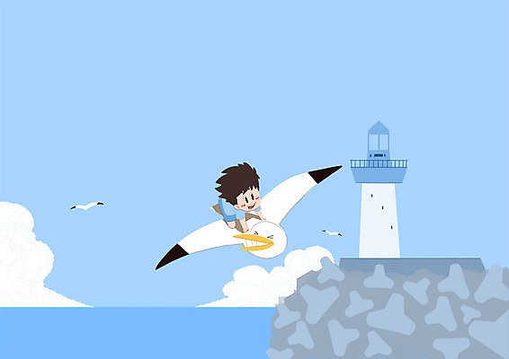 PSD 동물 남자 어린이 바다 일러스트 갈매기 하늘 등대 한명 상반신 국내일러스트 1 조류 사람 파일형식