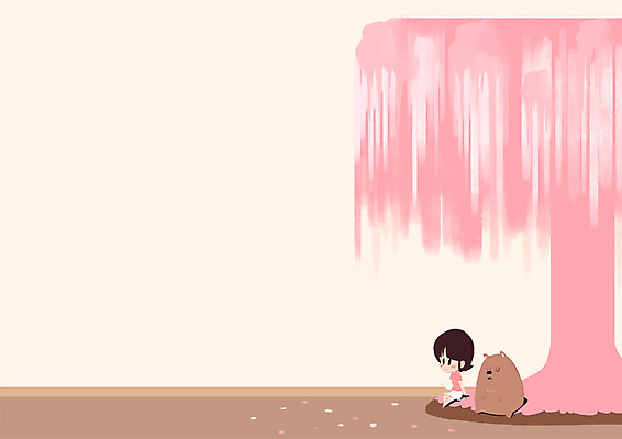 전신 PSD 동물 한마리 여자 어린이 분홍색 일러스트 한명 강아지 버드나무 국내일러스트 나무 1 컬러 사람 반려동물 개 파일형식