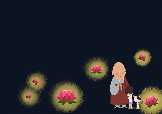 PSD 동물 남자 어린이 불교 일러스트 연꽃 성인 두명 고양이 부처님오신날 승려 국내일러스트 기념일 꽃 종교 포유류 사람 반려동물 성직자 파일형식