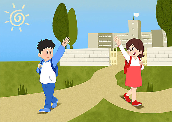 전신 PSD 나무 학생 여자 남자 일러스트 학교 청소년 두명 스쿨라이프 인사 하교 국내일러스트 식물 라이프스타일 교육 사람 예절 등하교 파일형식