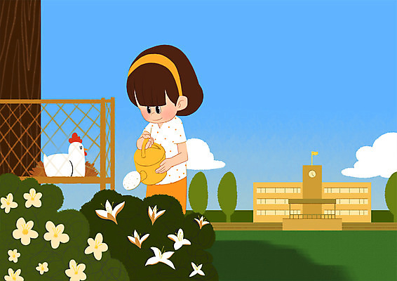 PSD 학생 여자 꽃 일러스트 학교 청소년 한명 상반신 스쿨라이프 물뿌리개 닭장 국내일러스트 식물 1 라이프스타일 교육 사람 파일형식