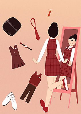 전신 PSD 학생 여자 교복 시계 신발 일러스트 학교 청소년 넥타이 한명 연필 스쿨라이프 거울 국내일러스트 1 라이프스타일 잡화 옷 교육 학용품 사람 필기구 파일형식