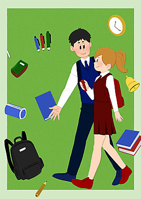 전신 PSD 학생 여자 남자 교복 시계 가방 일러스트 학교 청소년 두명 책 연필 스쿨라이프 종 국내일러스트 라이프스타일 잡화 옷 교육 학용품 사람 필기구 파일형식