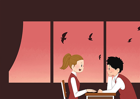 PSD 학생 여자 남자 의자 일러스트 창문 교실 학교 청소년 조류 상반신 두명 스쿨라이프 마주보기 책상 국내일러스트 동물 라이프스타일 교육 가구 모션 사람 파일형식