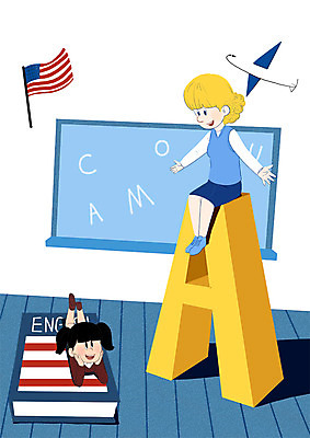 전신 PSD 학생 알파벳 영어 여자 일러스트 학교 청소년 비행기 성인 두명 스쿨라이프 칠판 미국 성조기 원어민 국내일러스트 문자 라이프스타일 교육 북아메리카 항공교통 대중교통 사람 국기 영어교사 파일형식