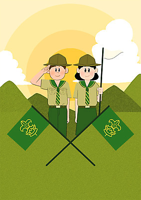 PSD 구름 학생 여자 남자 일러스트 학교 청소년 산 상반신 두명 태양 스쿨라이프 깃발 경례 보이스카우트 국내일러스트 자연요소 라이프스타일 교육 사람 인사 파일형식