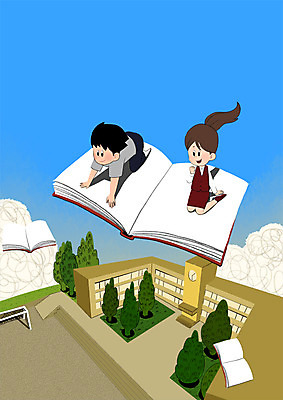 전신 PSD 나무 구름 학생 여자 남자 일러스트 학교 청소년 두명 책 스쿨라이프 비행 국내일러스트 자연요소 식물 라이프스타일 교육 사람 파일형식