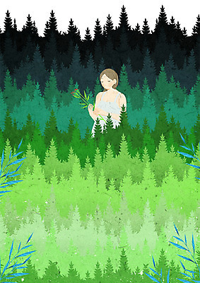 PSD 나무 계절 여자 꽃 백그라운드 일러스트 나뭇잎 한명 초원 상반신 성인 봄 숲 봄배경 국내일러스트 식물 1 잎 사람 파일형식